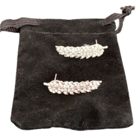 Men’s Iced Out Feather Ear Crawlers, Angel Wings, Silver Leaf Stud Earrings Gift - Picture 1 of 11